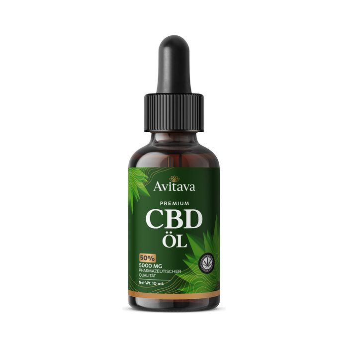Avitava CBD olie fles met druppeldop. Donker glas met groen etiket met bladmotieven en productinformatie.