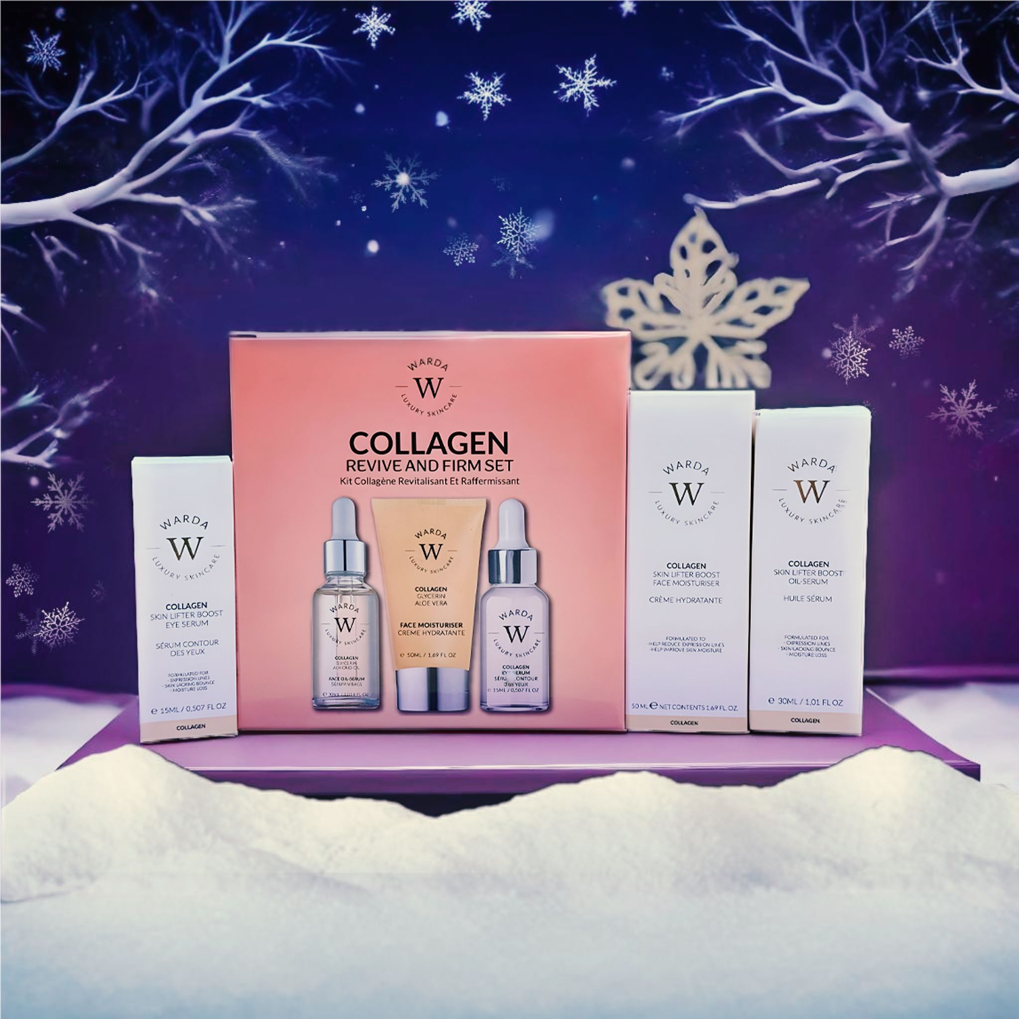 Ensemble Warda COLLAGENSKIN LIFTER SERUM. Ensemble avec boîte, flacons de sérum et crème. Design hivernal avec flocons.