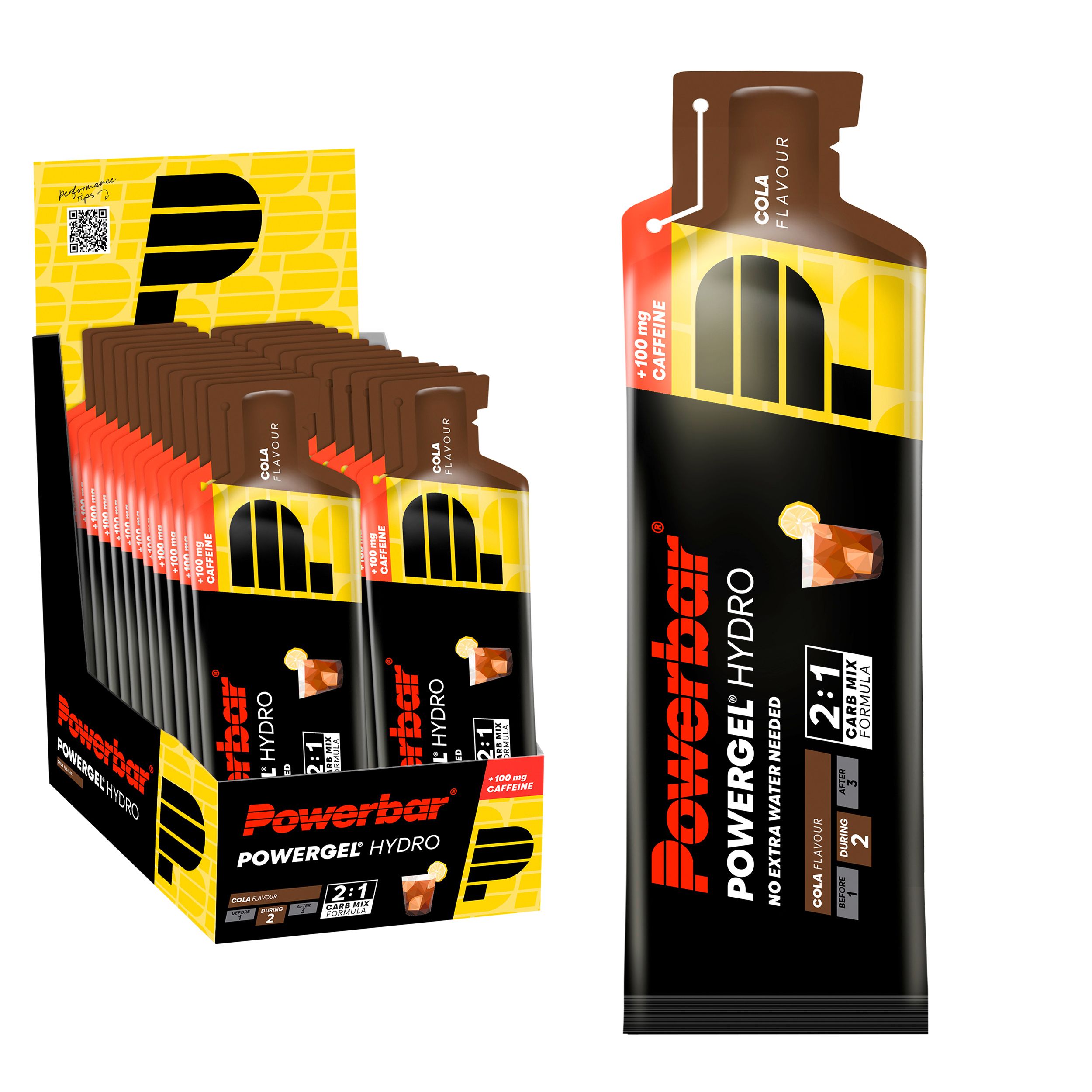 PowerBar PowerGel Hydro Cola, bruine gelverpakking. Presentatie in display en individueel. Bevat cafeïne. Opschriften: 2:1 Carb Mix Formula.