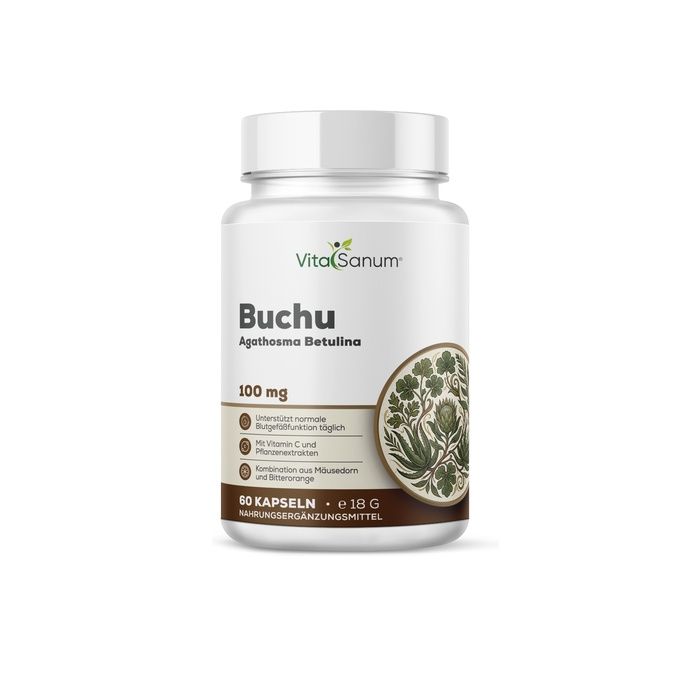 VitaSanum Buchu capsules: Witte pot met etiket met Buchu (Agathosma betulina) 100 mg en 60 capsules.