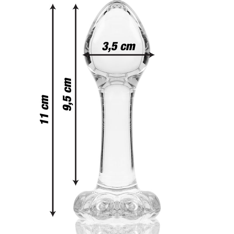 Plug anal en verre transparent, dimensions: 11cm longueur, 3,5cm largeur.