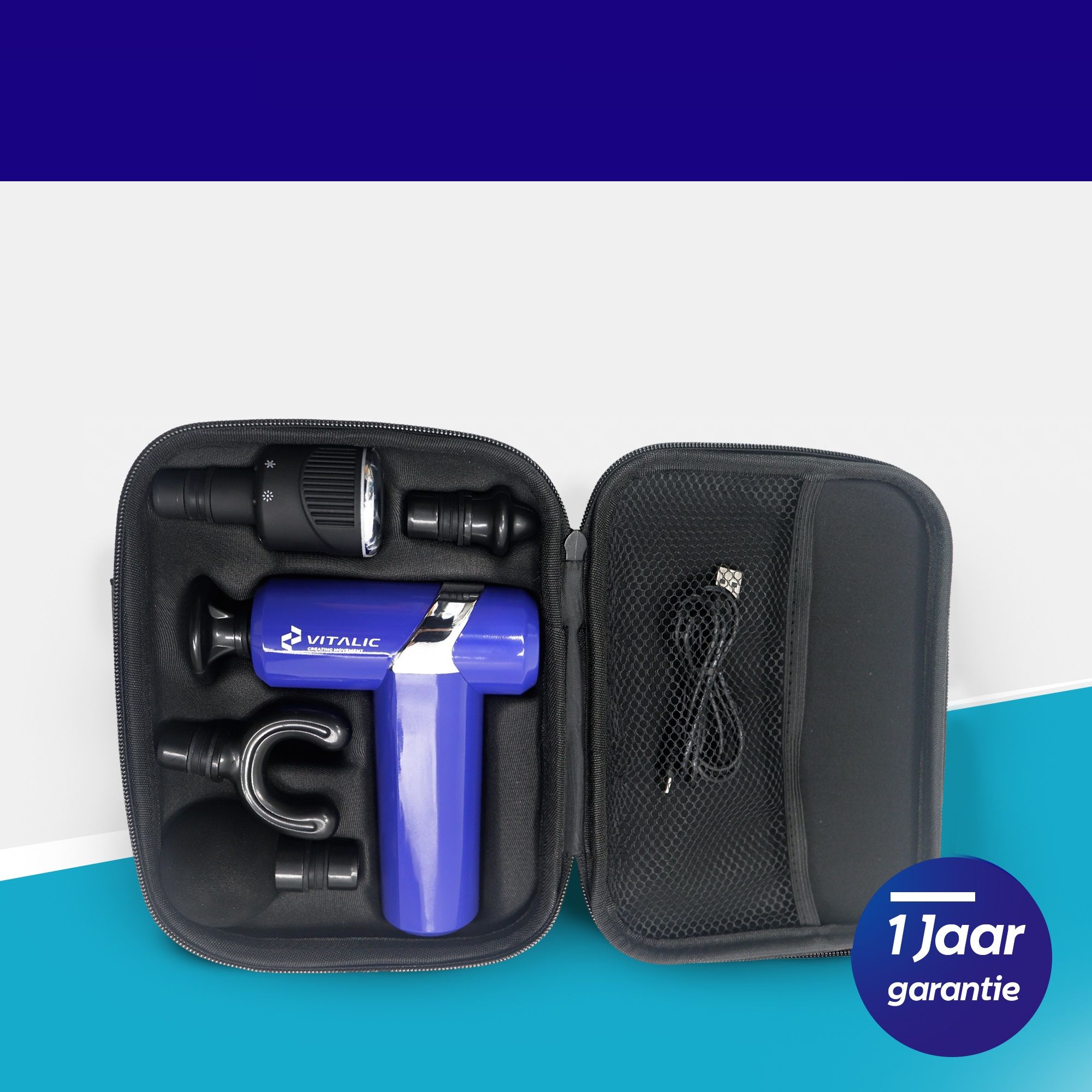 Étui ouvert avec pistolet de massage, accessoires et câble. Garantie 1 an.