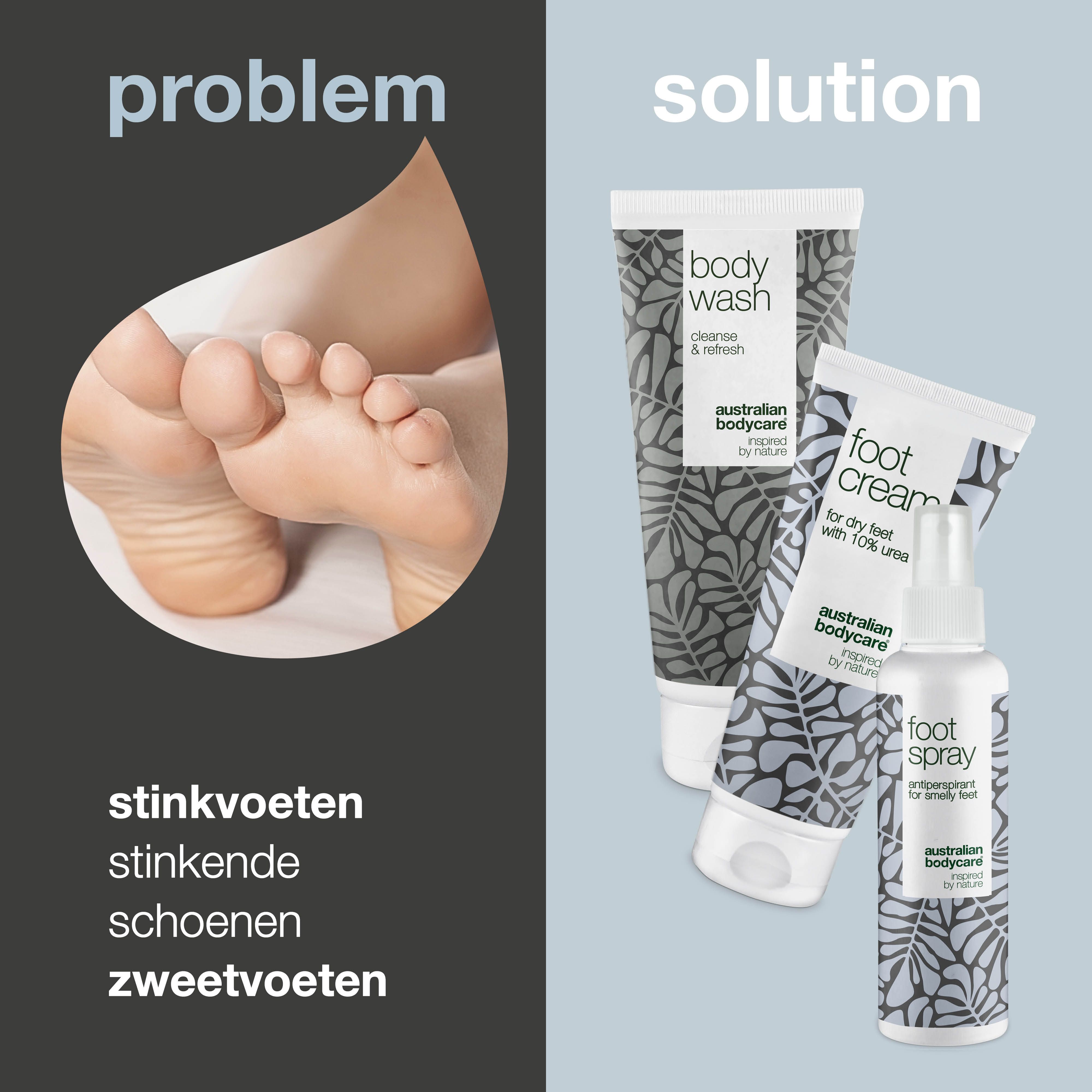 Probleem-oplossing presentatie. Voeten en producten: body wash, voetcrème, voetspray. Tekst: geur, zweetvoeten.