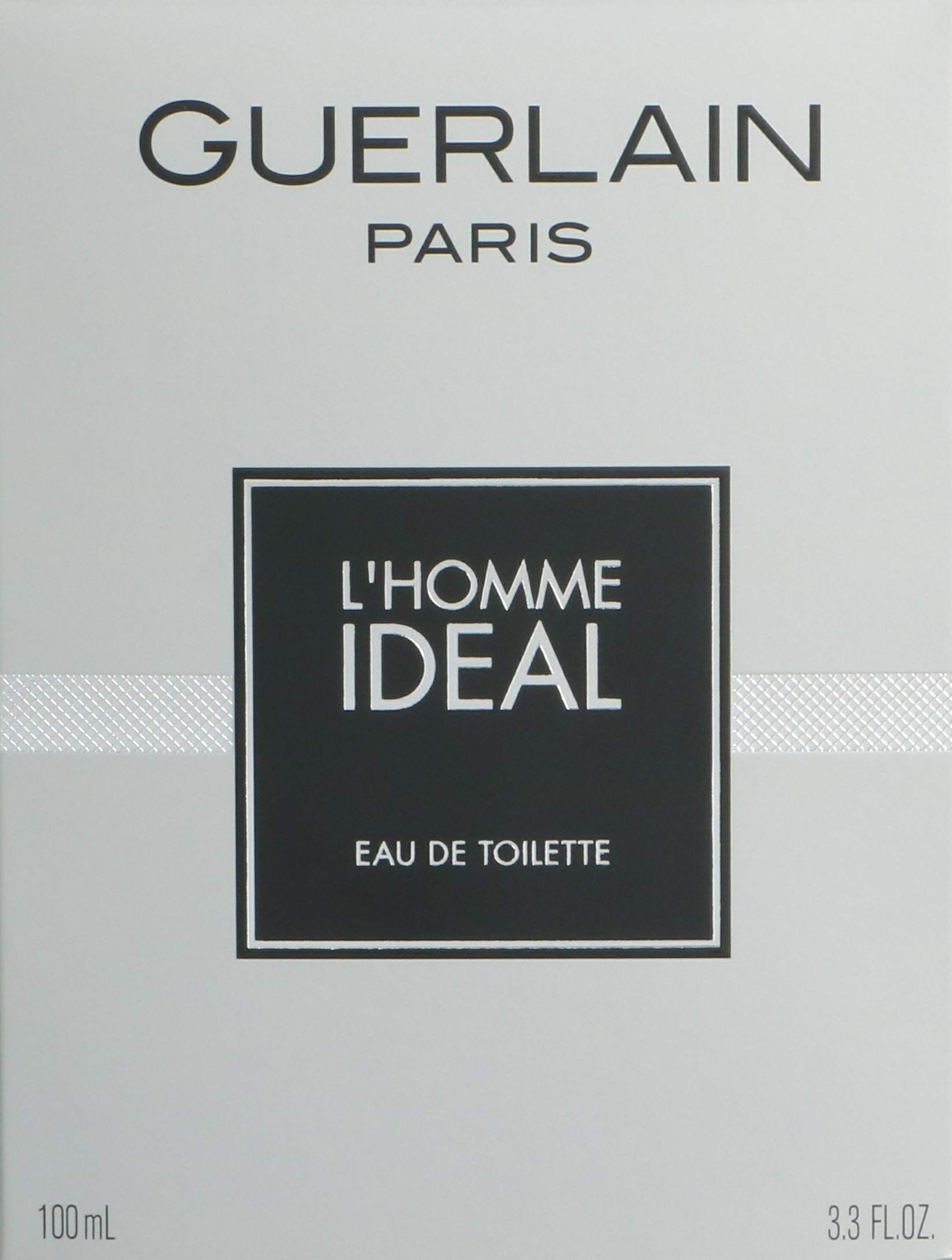 Zilveren verpakking met Guerlain-logo en productnaam L'Homme Ideal. Daaronder Eau de Toilette.