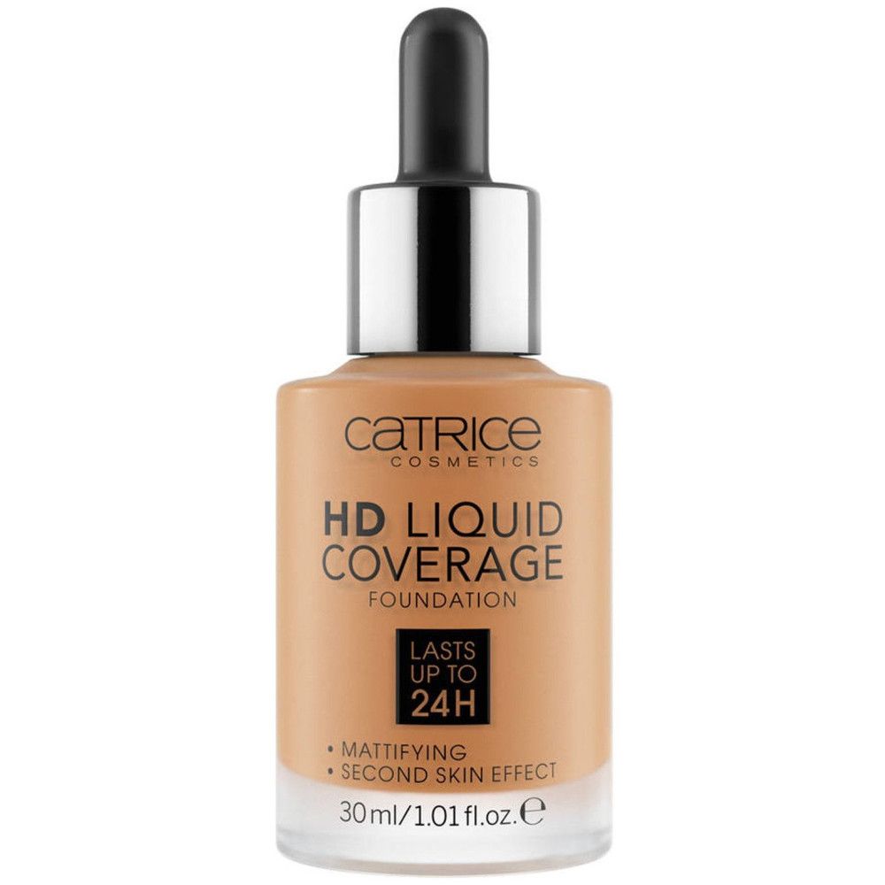 Flacon de fond de teint. Inscription : Catrice Cosmetics, HD Liquid Coverage Foundation. Contient 30 ml.