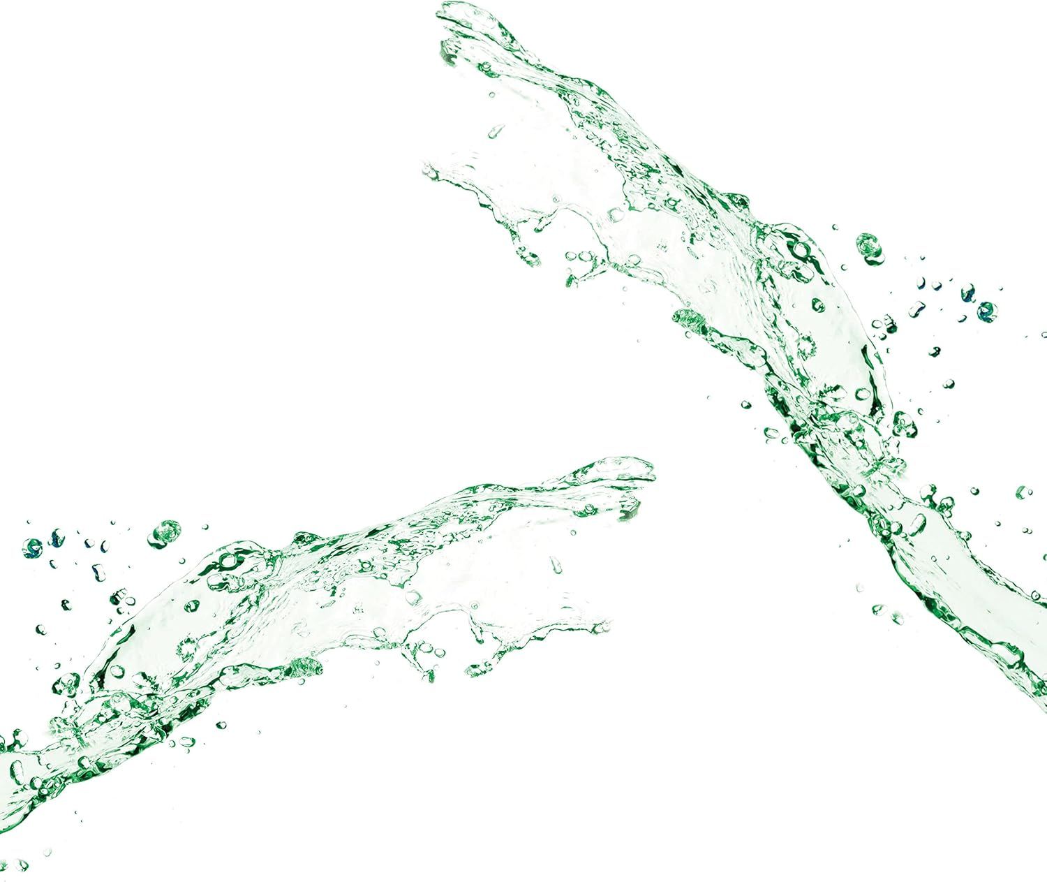 Twee groene waterstralen met bubbels op een witte achtergrond.