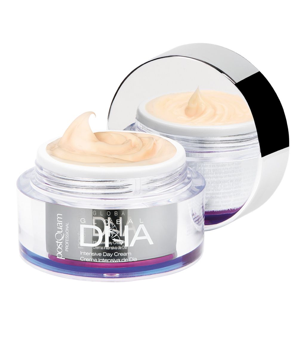 Crèmepot met deksel. Productnaam: Global DNA Intensive Day Cream. Merk: Postquam. Crème zichtbaar.