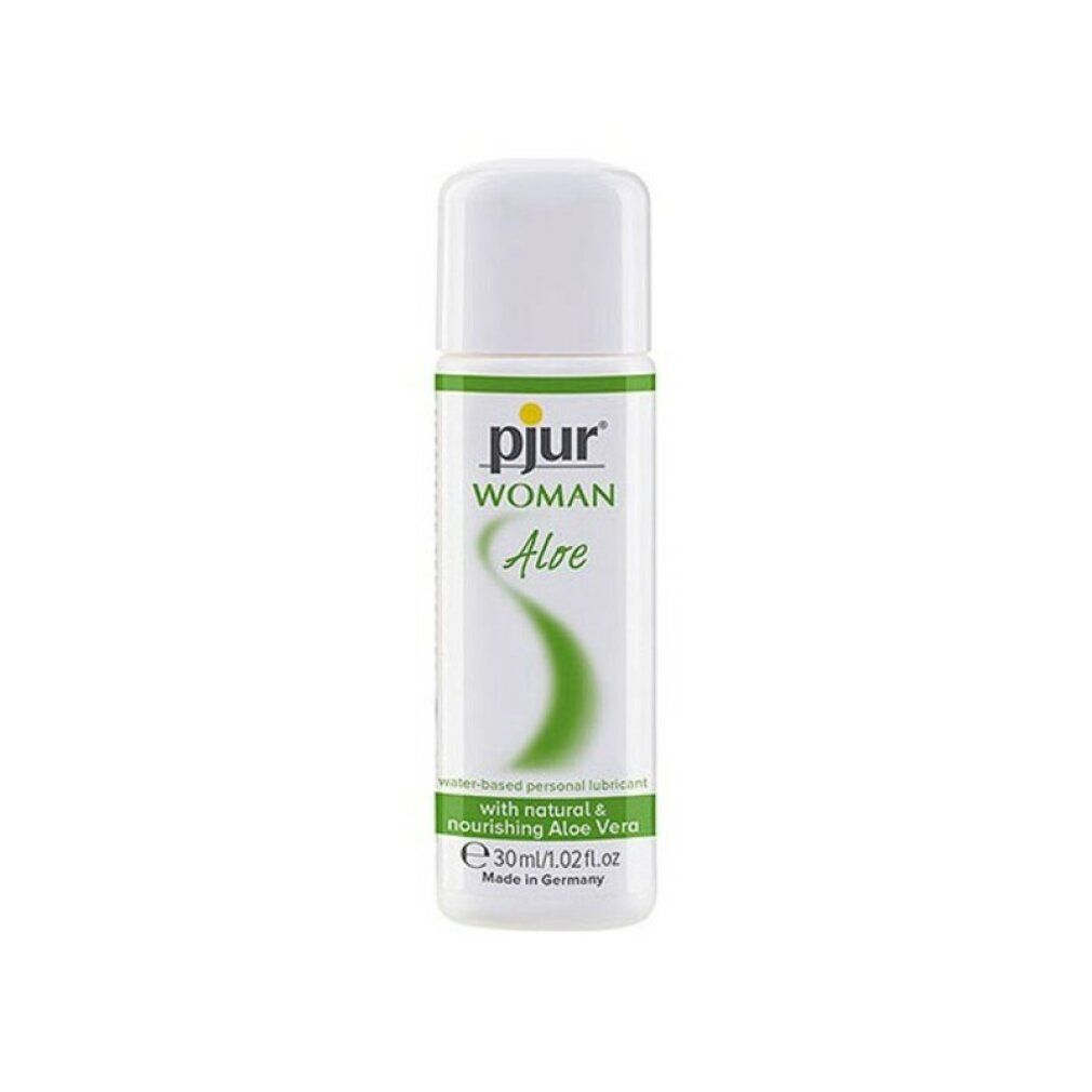 Witte fles met groen etiket. Opschrift: pjur WOMAN Aloe. Bevat 30ml/1.02 fl.oz. Glijmiddel op waterbasis.