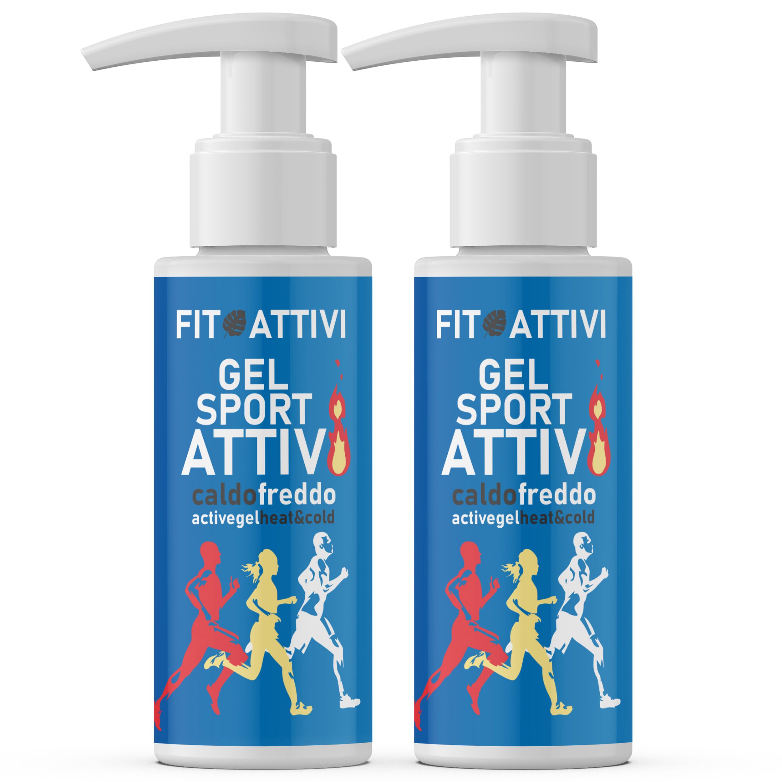 Deux flacons avec pompes blanches. Étiquettes bleues avec texte: GEL SPORT ATTIVI, caldo freddo, illustrations de coureurs.