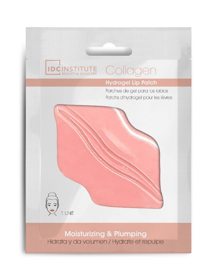 Emballage de patch pour les lèvres. Patch hydrogel rose au collagène. Texte: IDC Institute, Collagen, Hydrogel Lip Patch.