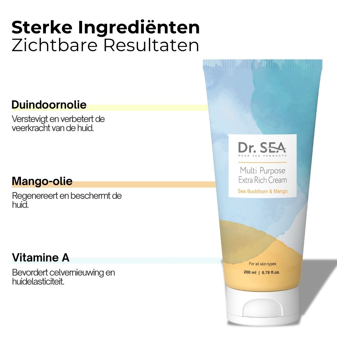 Tube DR. SEA Multi Purpose Extra Rich Cream, Mango. Tekst met ingrediënten: duindoornolie, mango-olie, vitamine A.