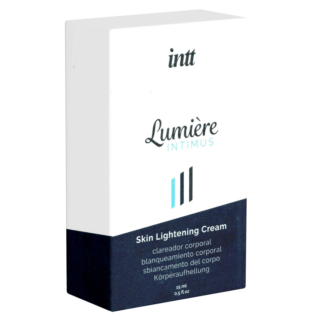 Witte doos met opschrift: intt Lumière Intimus Skin Lightening Cream. Blauw en witte verpakking.