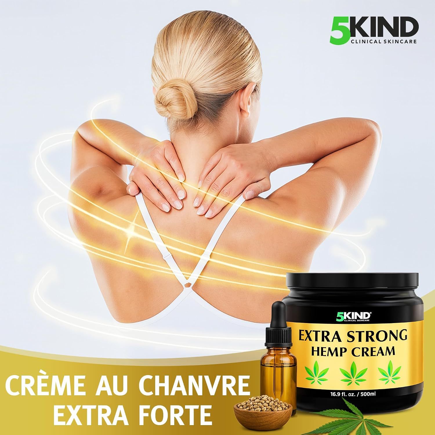 Femme se massant la nuque. Pot de crème au chanvre 5Kind Extra Strong et flacon d'huile à côté.