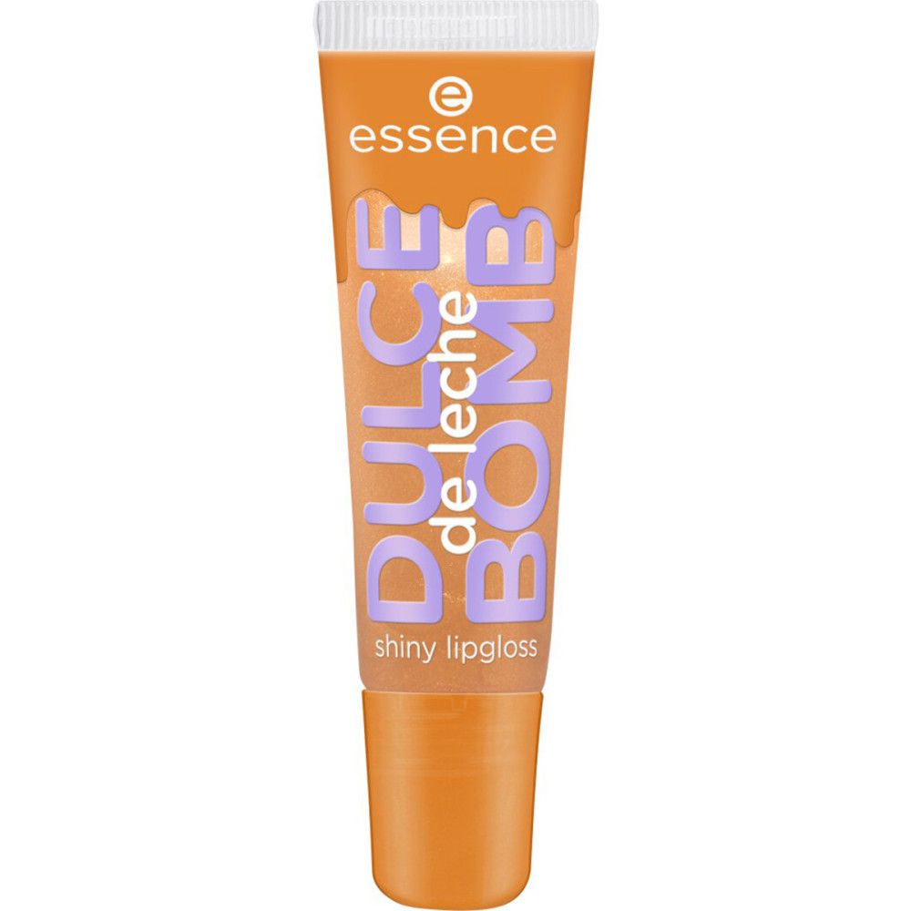 Oranje lipgloss tube. Opschrift: Dulce de Leche Bomb Shiny. Merk: Essence.