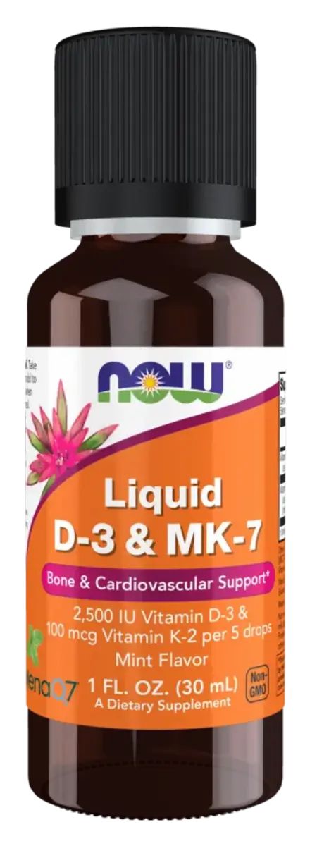 Flacon en verre brun avec bouchon noir. Étiquette avec Liquid D-3 & MK-7. Contient de la vitamine D-3 et K-2. Saveur menthe.