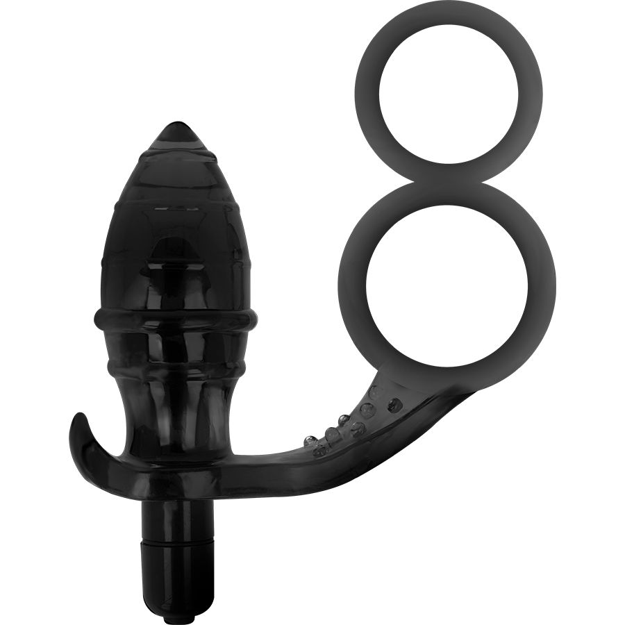 Zwarte anale plug met dubbele peniele ring, van flexibel materiaal.
