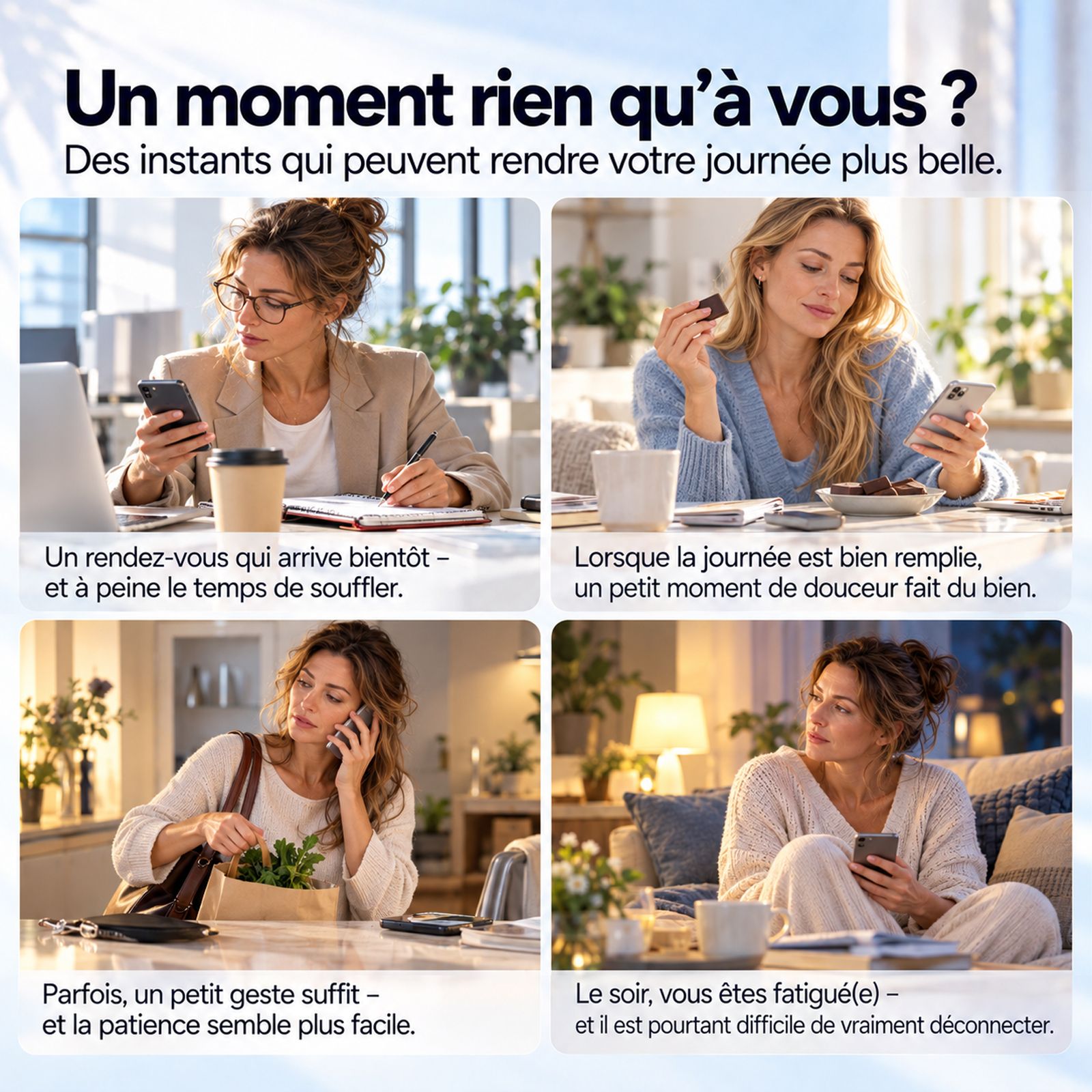 Quatre scènes de femmes cherchant des moments de détente dans leur quotidien.