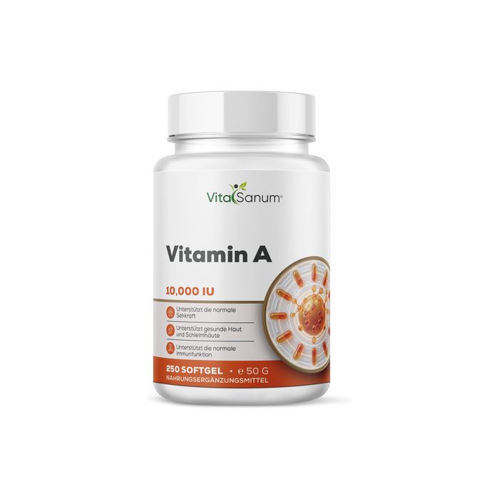 Voorkant van een fles VitaSanum Vitamine A 10.000 IE voedingssupplement, 250 softgels.