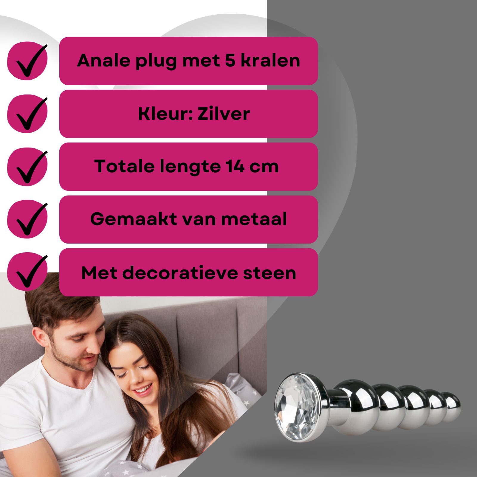 Anale plug met 5 kogels, zilver, 14 cm, van metaal, met decoratieve steen. Koppel in bed.