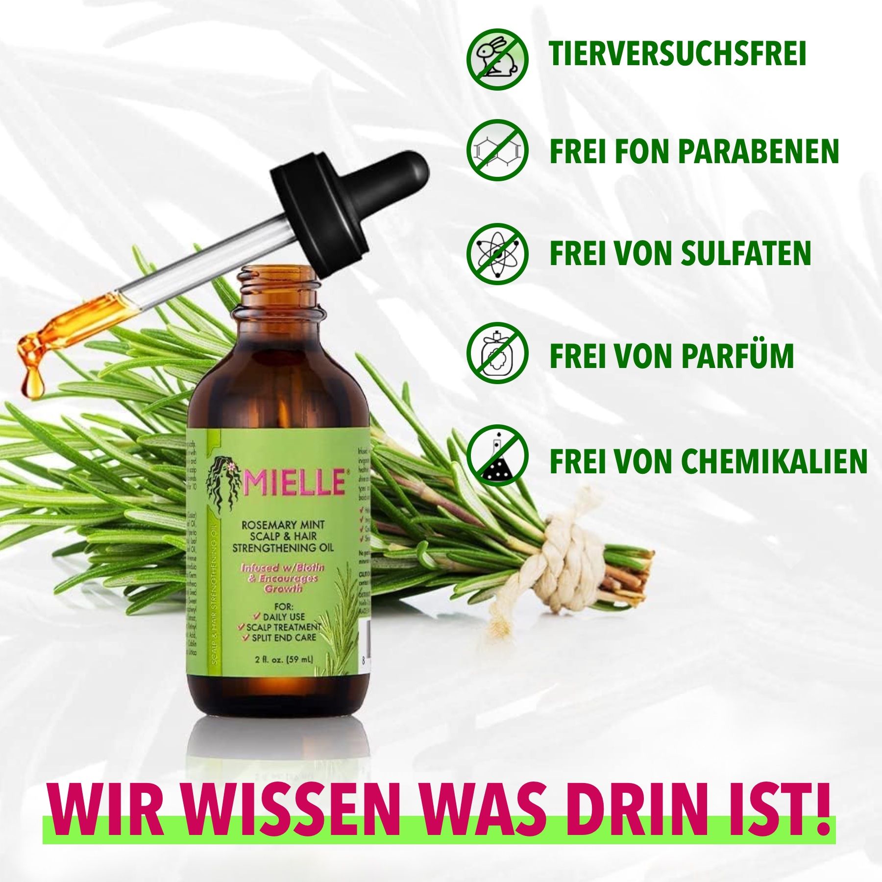 Huile fortifiante pour cuir chevelu et cheveux Mielle Rosemary Mint dans un flacon en verre brun avec pipette. Brins de romarin à côté. Sans tests sur animaux, parabènes, sulfates, parfum, produits chimiques.