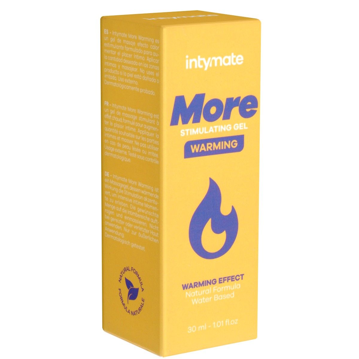 Boîte de gel jaune. Inscription "intymate More Stimulating Gel Warming". Graphique de flamme bleue. Texte : "Warming Effect, Natural Formula, Water Based".