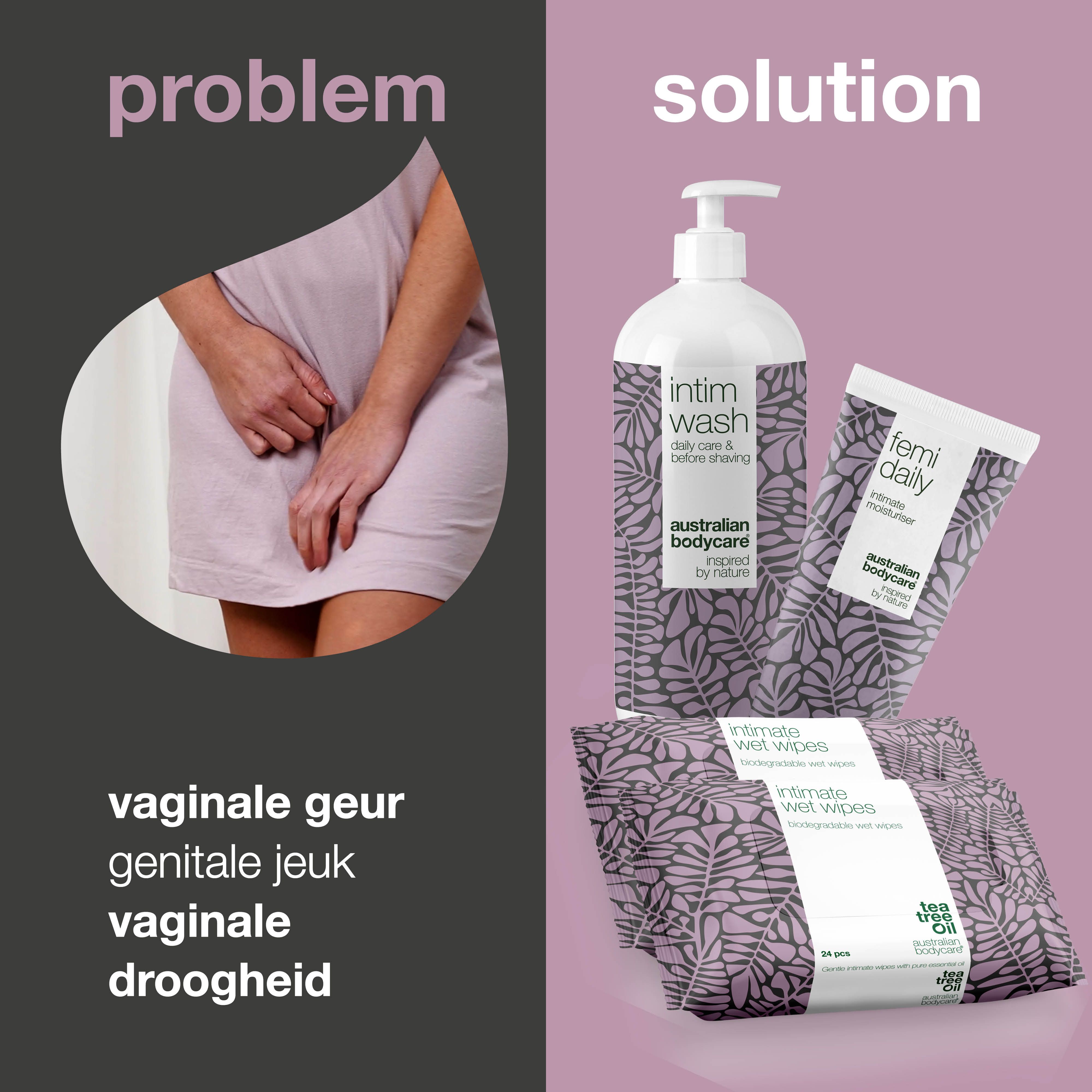 Grafiek: probleem en oplossing. Links: vrouw met handen op schoot. Rechts: producten voor intieme verzorging.