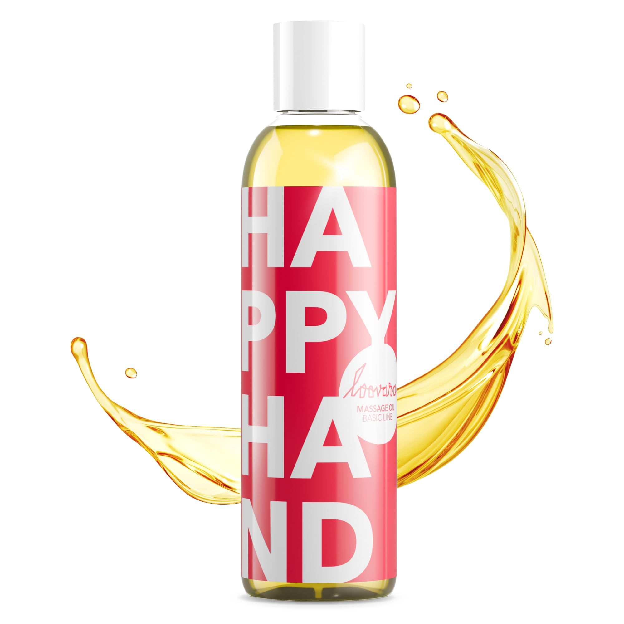 Bouteille d'huile de massage Loovara Happy Hand avec étiquette rouge et écriture blanche, entourée d'éclaboussures.