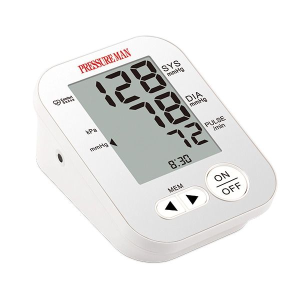 Witte digitale bloeddrukmeter. Groot display met meetwaarden. "PRESSURE MAN" logo bovenaan. Knoppen: MEM, ON/OFF.