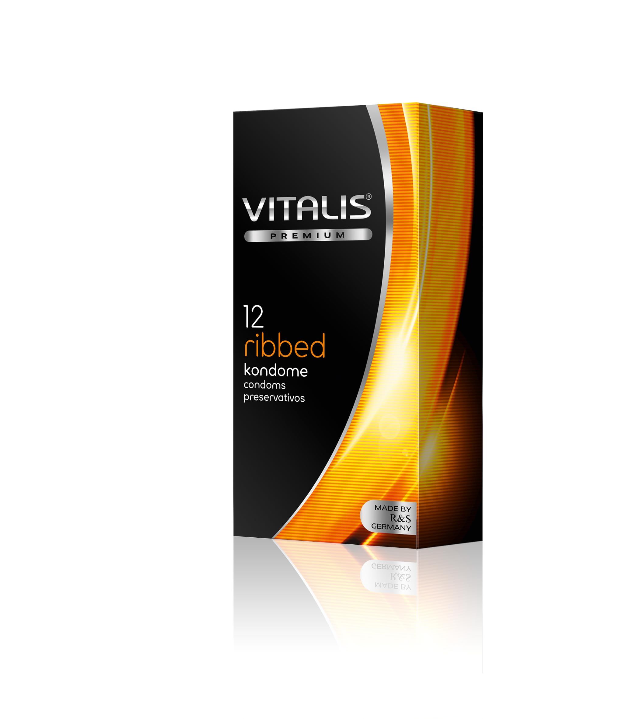 Emballage de préservatifs Vitalis, 12 pièces, nervuré, largeur nominale 53 mm.