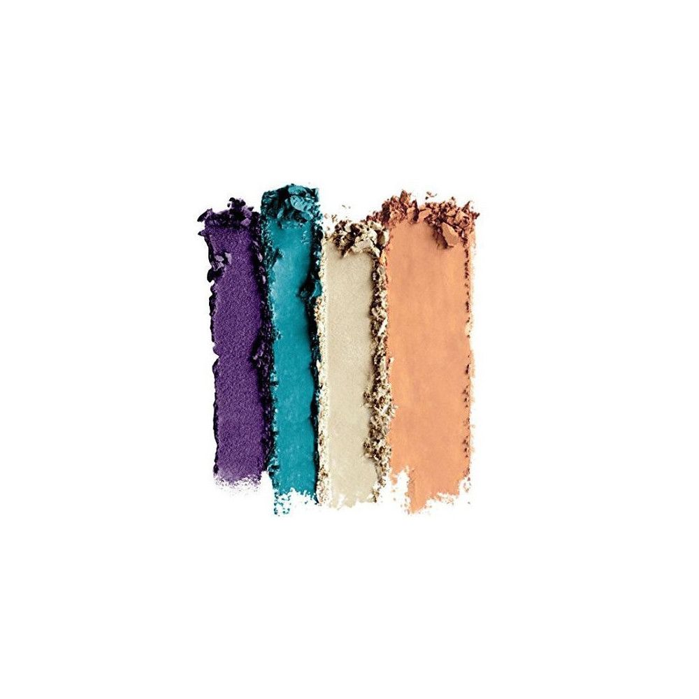 Quatre échantillons de fard à paupières : violet, turquoise, blanc et beige. Marque : Wet n Wild.