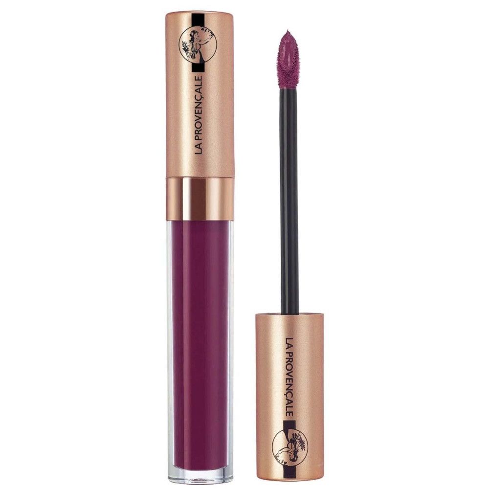 Rouge à lèvres solaire La Provençale Bio avec applicateur. Étui doré, flacon transparent. Contenu rouge foncé.