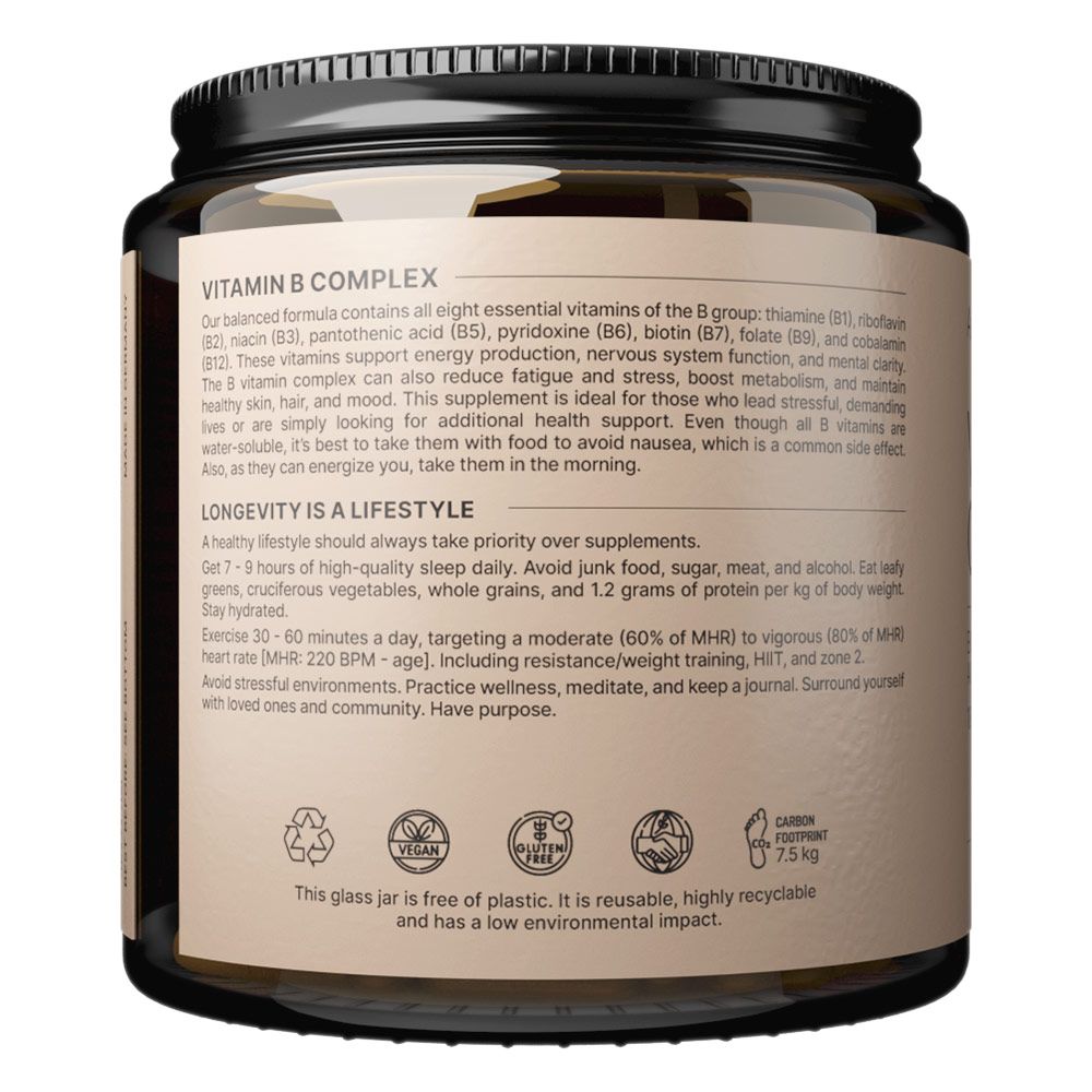 Bocal en verre avec étiquette Vitamine B Complexe. Comprend des symboles de recyclage, vegan et d'empreinte carbone.