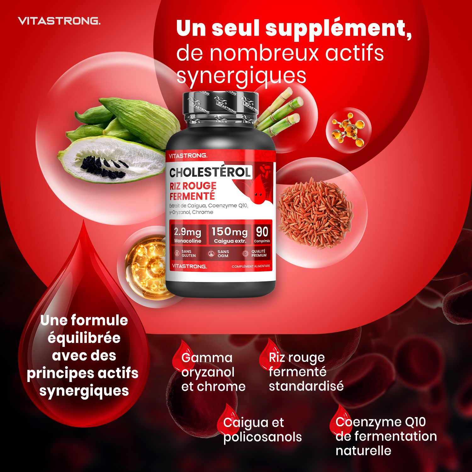 Fles met tabletten en tekst. Tekst: Eén supplement, veel synergetische actieve stoffen. Met gefermenteerde rode rijst.