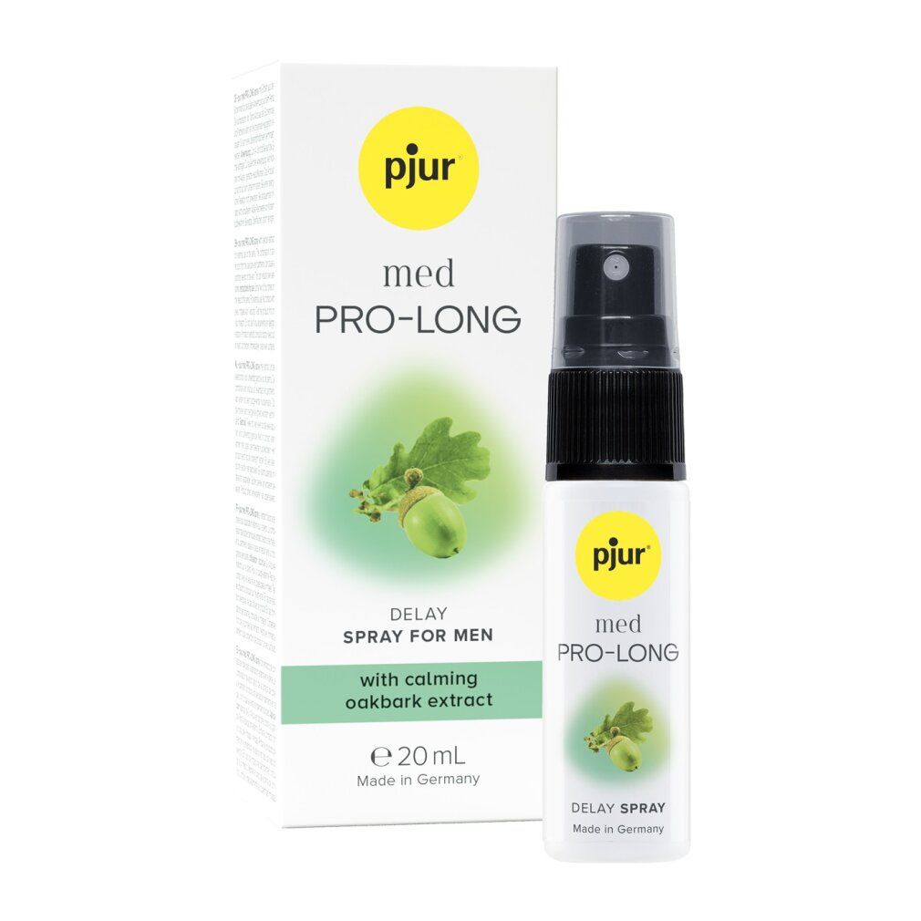 Spray retardateur pour hommes, flacon et emballage avec motif de chêne.