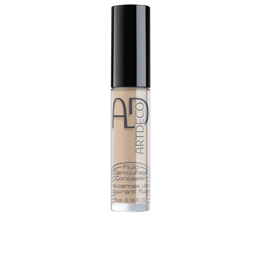 Artdeco Fluid Camouflage Concealer. Fles met zwarte dop. Productnaam en volume-aanduiding op het etiket.