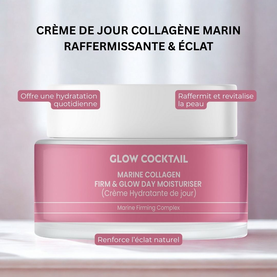 Roze pot met witte deksel. Opschrift: GLOW COCKTAIL, MARINE COLLAGEN, FIRM & GLOW DAY MOISTURISER. Tekst: Crème de jour collagène marin raffermissante & éclat.