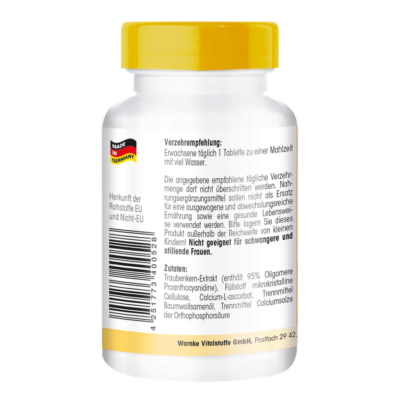 Dos du flacon de comprimés. Texte: Recommandation de consommation, ingrédients, origine des matières premières UE et non-UE, Fabriqué en Allemagne. Bouchon jaune.
