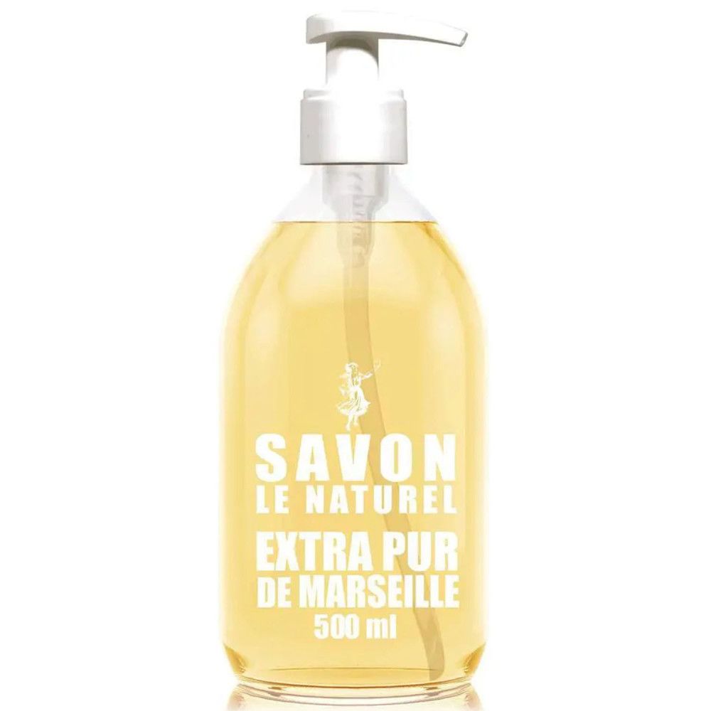 Transparante vloeibare zeep in fles met pomp. Opschrift: Savon Le Naturel Extra Pur de Marseille. 500 ml.