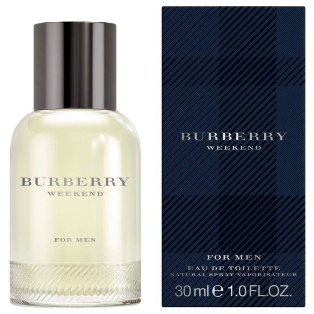 Burberry Weekend Eau de Toilette voor mannen. Fles met zilveren dop en rechthoekige verpakking. Opschrift: Burberry Weekend, For Men.