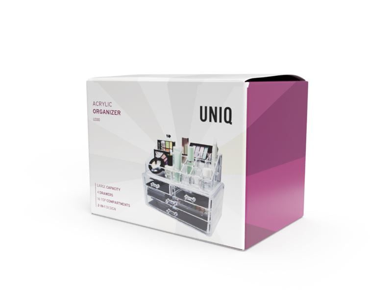 Verpakking van de UNIQ make-up organizer. Doos met productafbeelding, merknaam en productaanduiding.