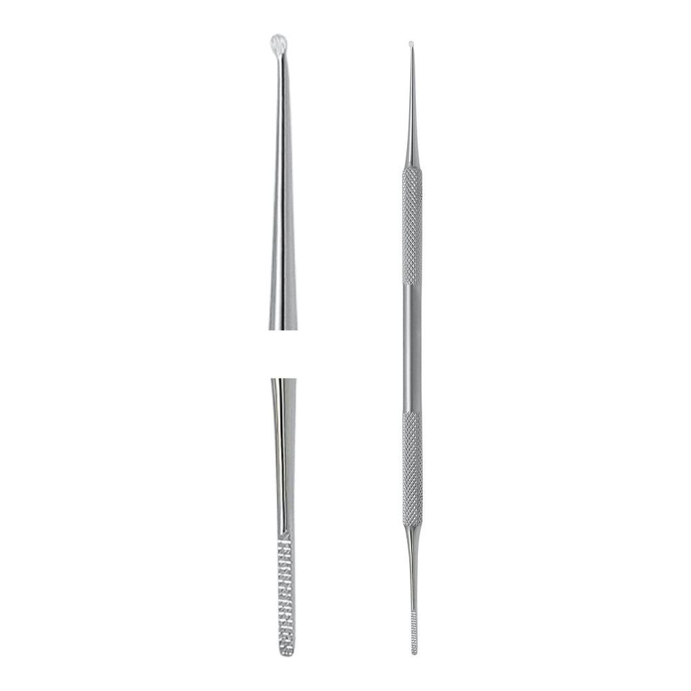 Deux instruments médicaux en métal. À gauche, un instrument à pointe arrondie et manche strié. À droite, un instrument à pointe fine et manche strié.