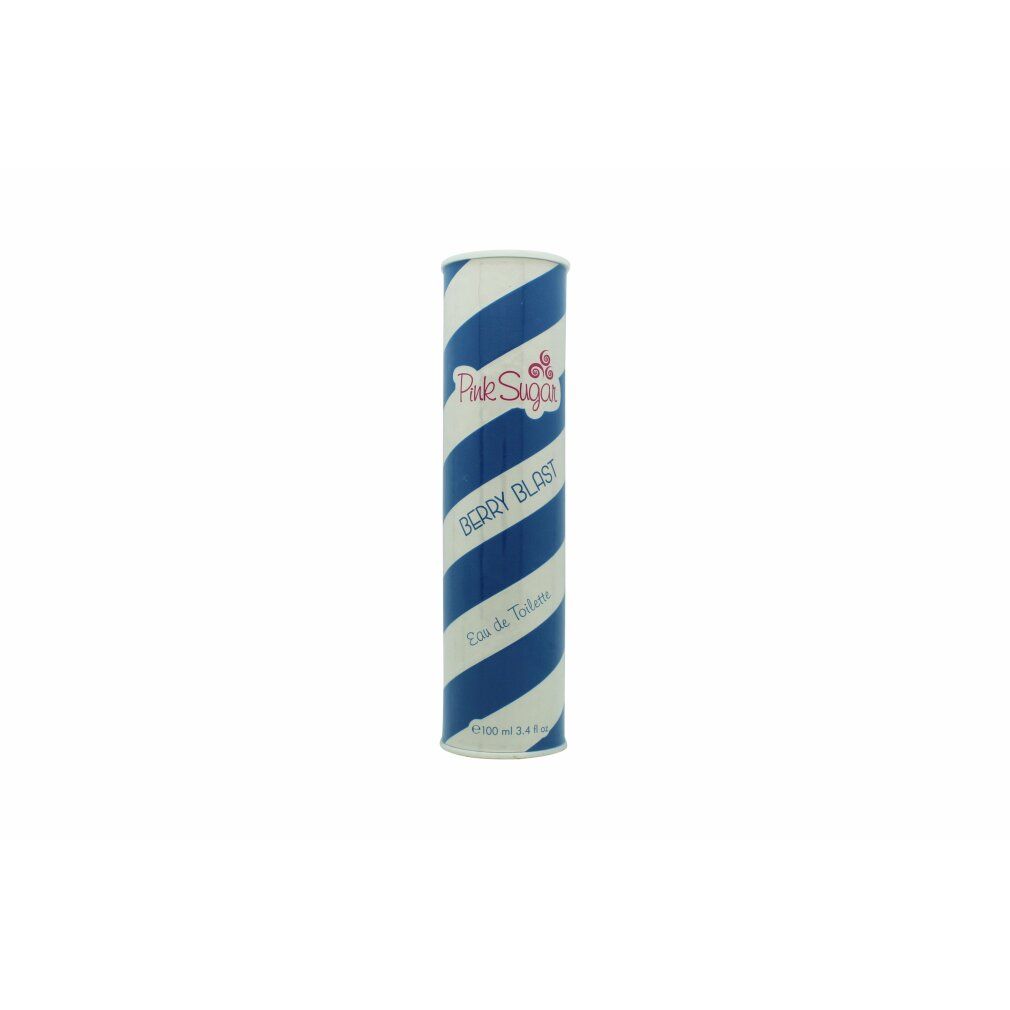Cilindrische verpakking met blauw-witte strepen. Opschrift: Pink Sugar Berry Blast Eau de Toilette.
