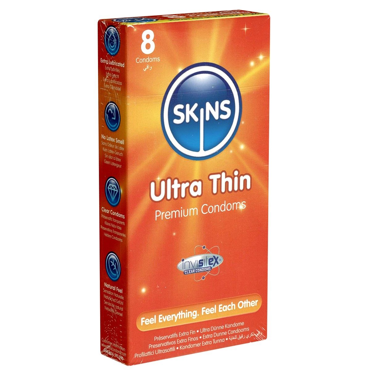 Verpakking van SKINS Ultra Thin condooms. Bevat 8 condooms. Oranje verpakking met tekst en logo. Tekst: "Feel Everything. Feel Each Other".