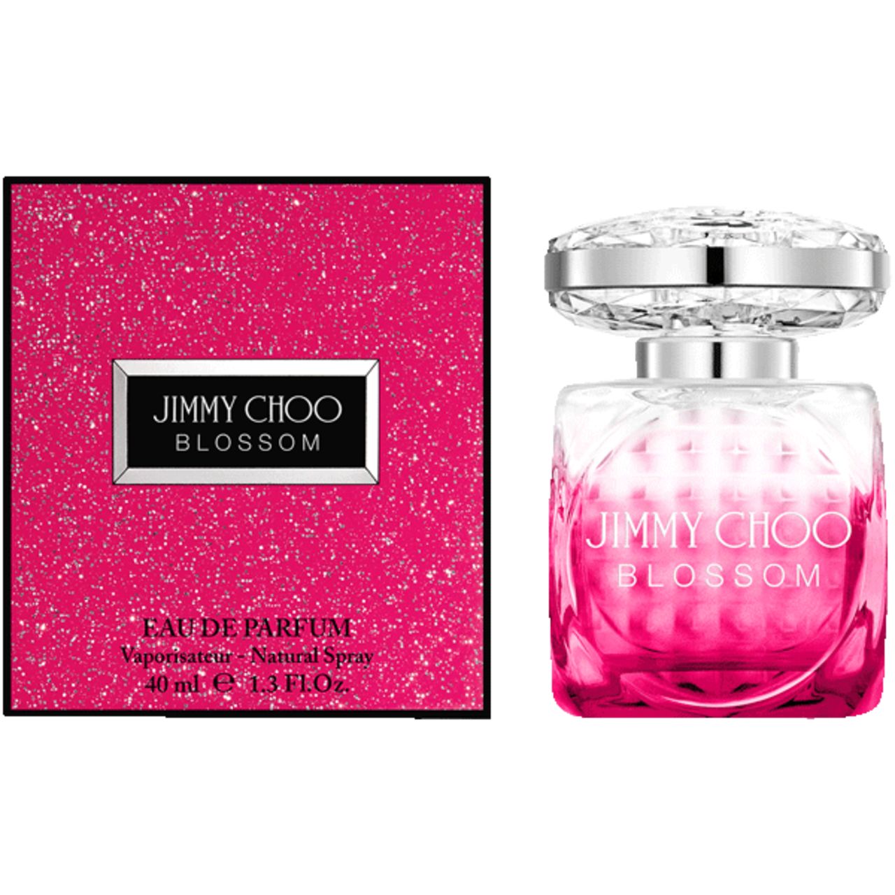 Jimmy Choo Blossom e.d.p. Spray. Fles met zilveren dop en roze kleurverloop. Roze verpakking met logo.