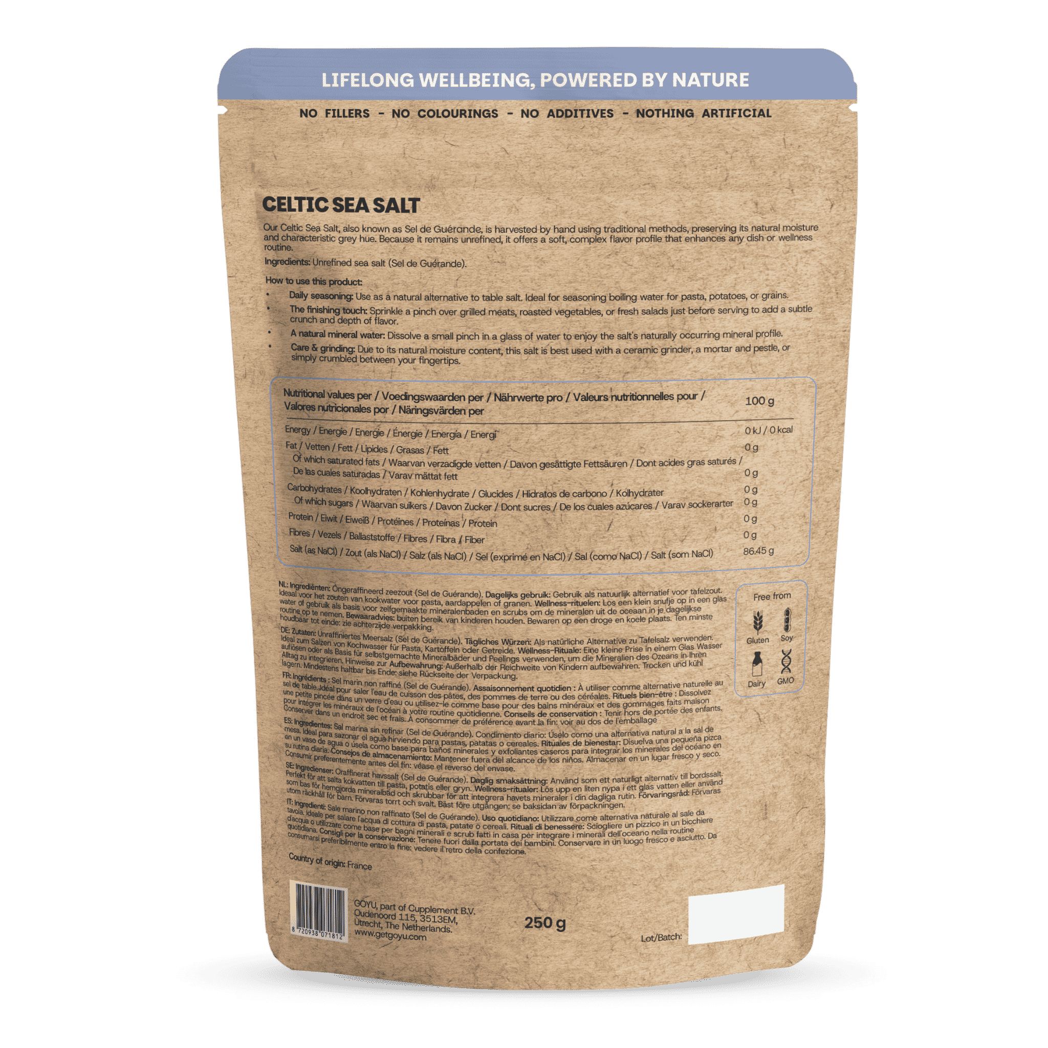 Arrière d'un paquet "Celtic Sea Salt" avec informations nutritionnelles et ingrédients.