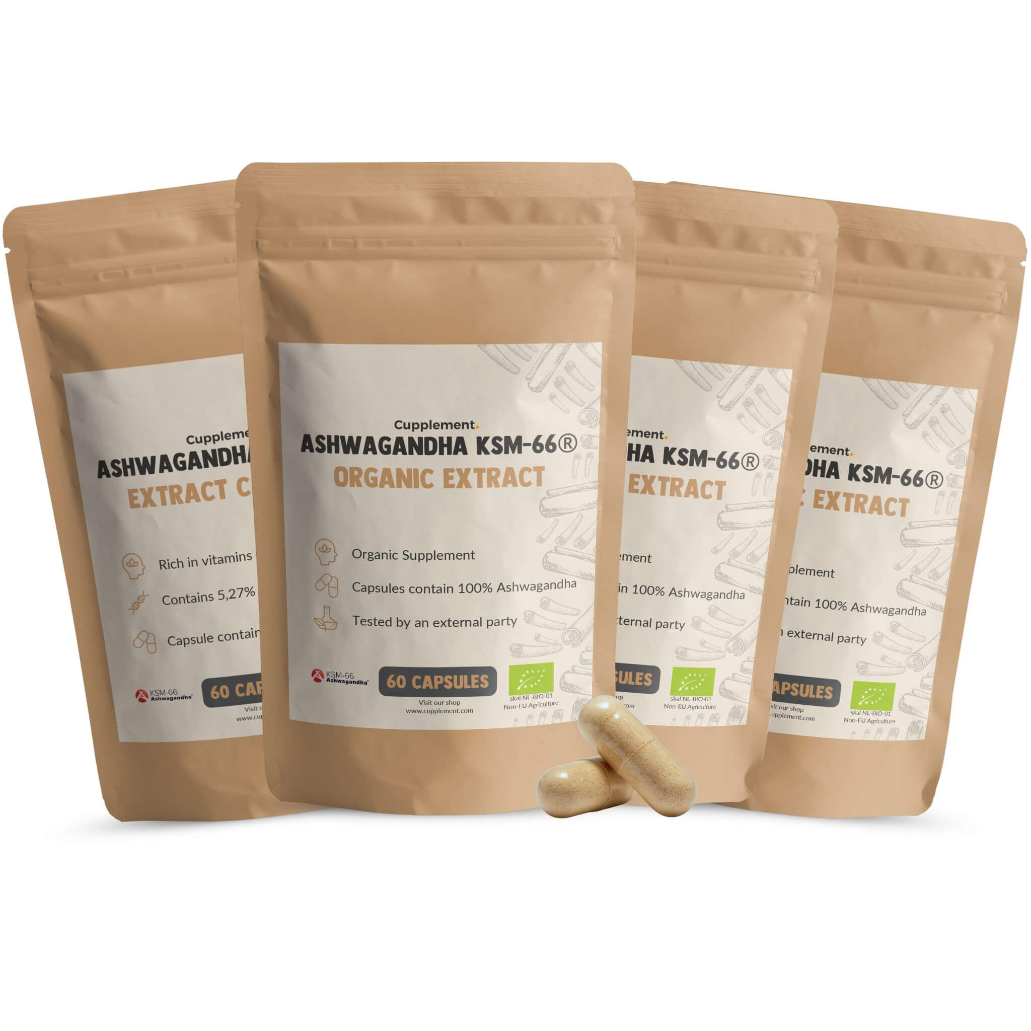 Plusieurs sachets de gélules Cupplement Ashwagandha KSM-66. Emballage marron, étiquette blanche, 60 gélules. Deux gélules à côté.