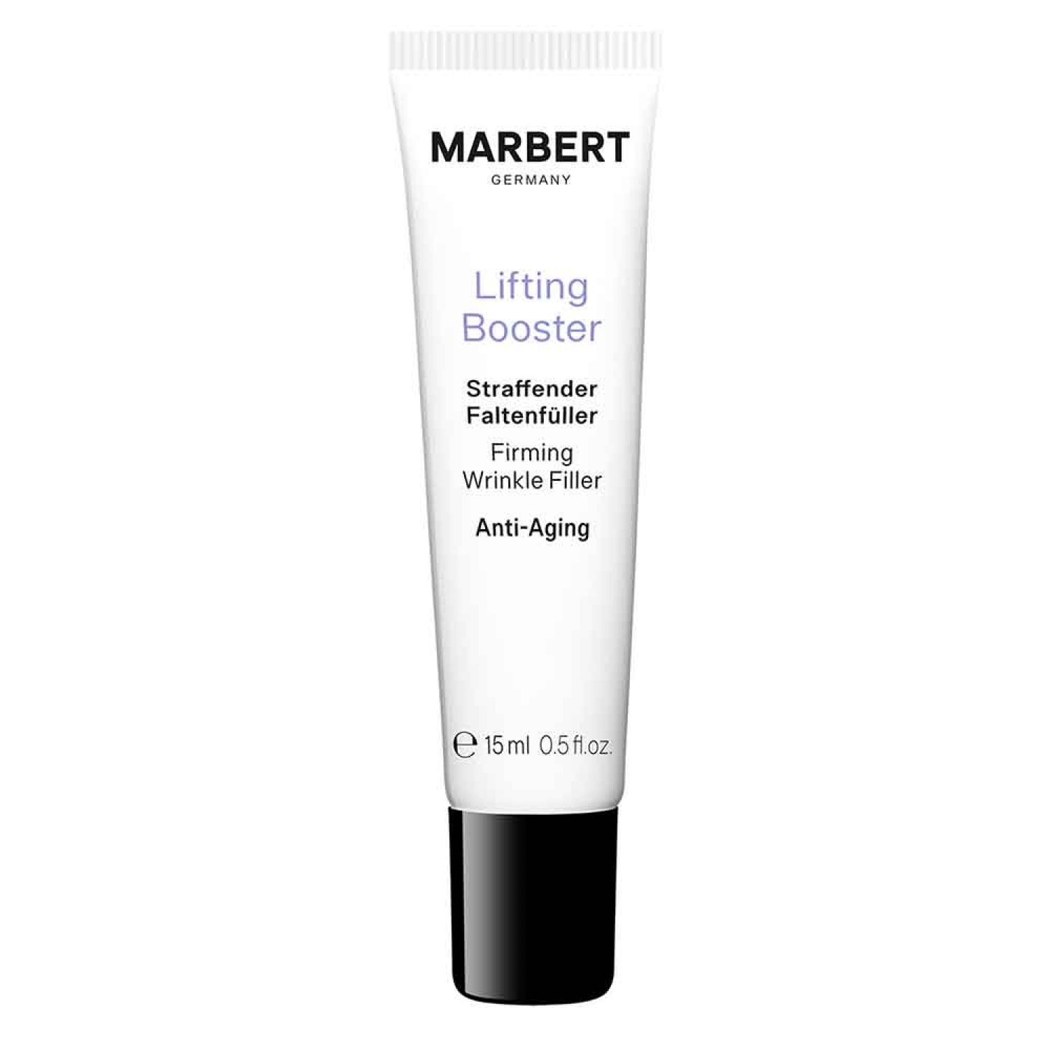 Witte tube met zwarte dop. Opschrift: MARBERT, Lifting Booster, Straffender Faltenfüller, Firming Wrinkle Filler, Anti-Aging. Inhoud: 15 ml.