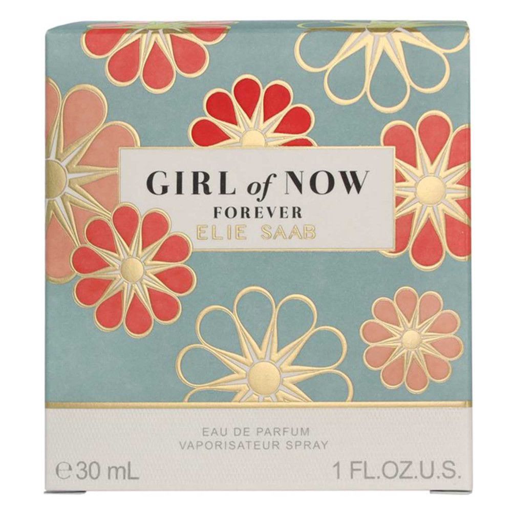 Emballage avec motif floral et texte GIRL of NOW FOREVER ELIE SAAB. E 30 ml, 1 FL.OZ.U.S.