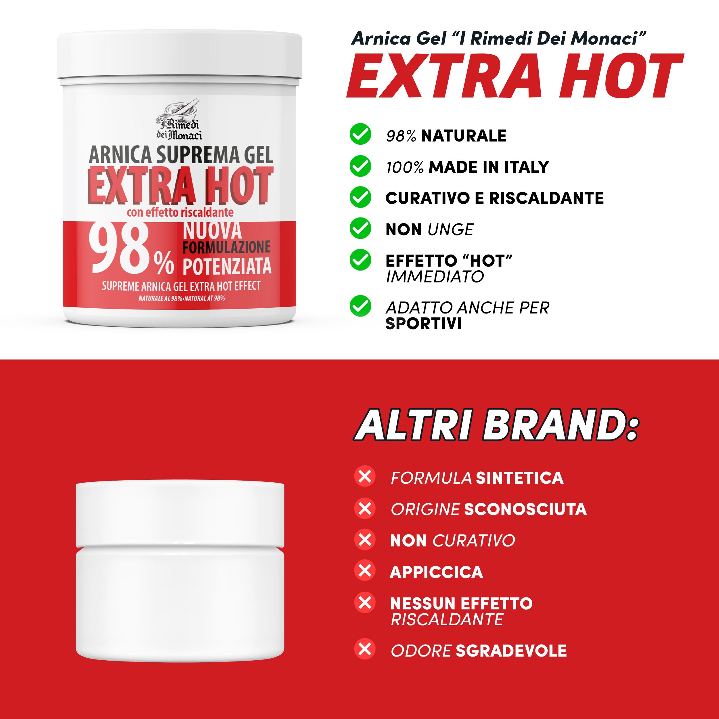 Witte pot met rood etiket. Tekst: Arnica Gel Extra Hot. Opsomming: 98% natuurlijk, 100% Made in Italy, genezend, niet vet.