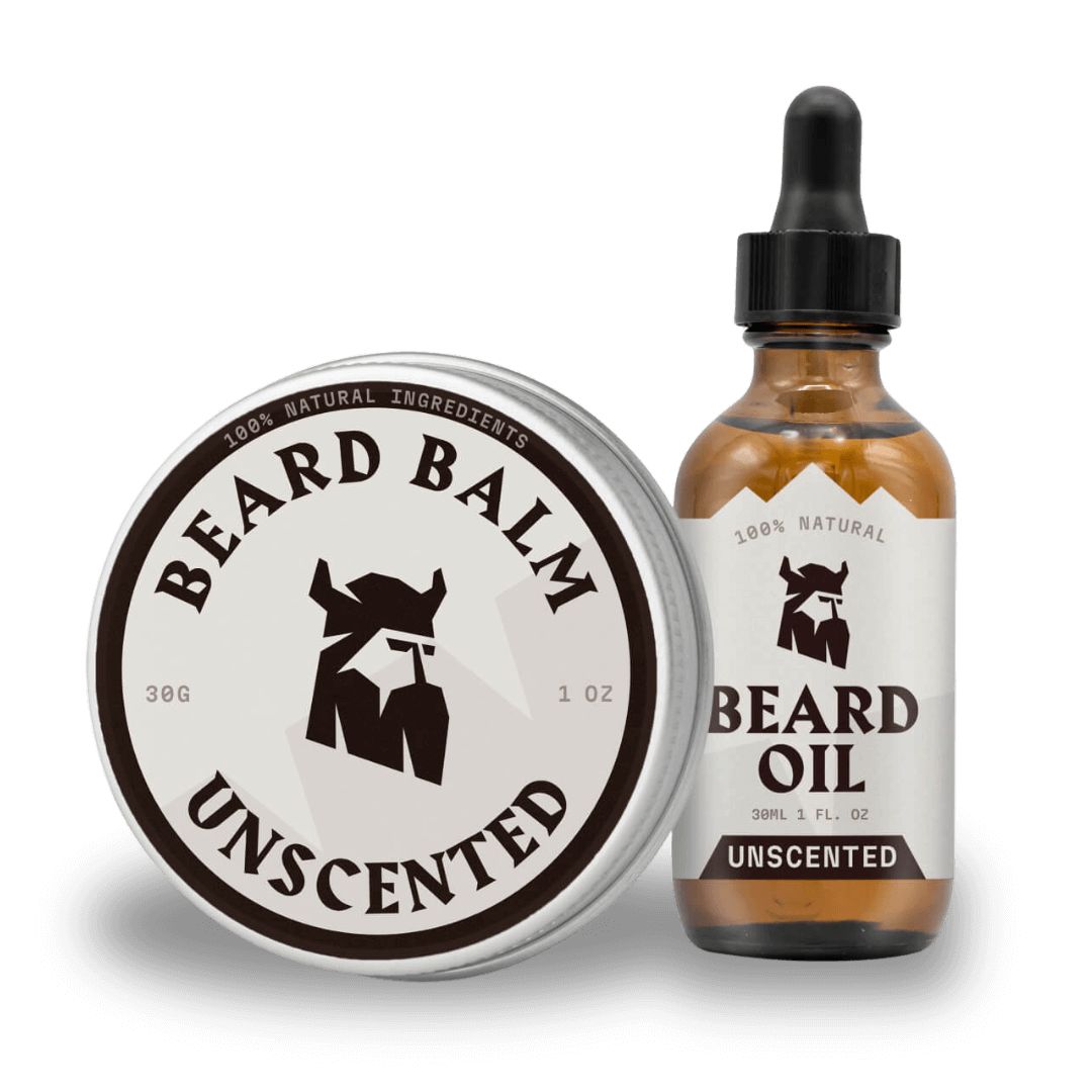 Ronde doos en fles met etiketten. Opschrift: BEARD BALM, BEARD OIL, UNSCENTED. Beide producten hebben een zwarte dop.